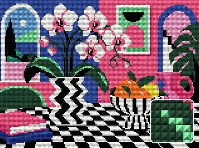 Orchid Disco Still Life, 40x30 cm diamond painting – finished design preview with a close-up of square drills