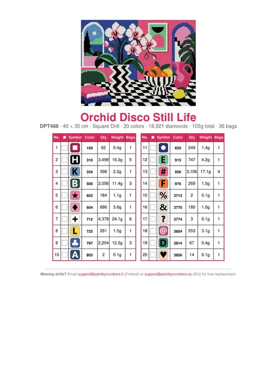 DMC color chart for Orchid Disco Still Life diamond painting - 20 colors
