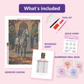 Thumbnail for Ornate Fountain Horse 40x60cm diamond painting kit contents: adhesive canvas, color chart, tools and diamond bags