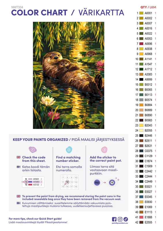 Paint color chart and instructions - Otter Family 40x60cm