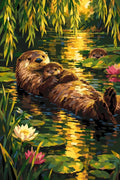 Thumbnail for Otters floating in pond paint by numbers. Lily pads, flowers, and leaves in the background.