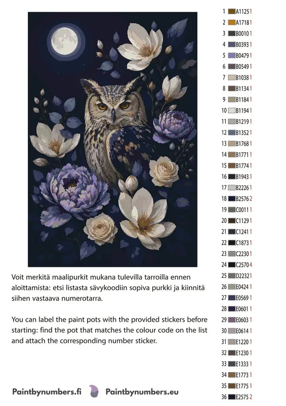 Paint color chart and instructions - Owl and Flowers at Night 40x60cm