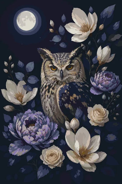 Owl and flowers at night paint by numbers with full moon