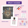 Thumbnail for Owl in Dark 40x50cm diamond painting kit contents: adhesive canvas, color chart, tools and diamond bags