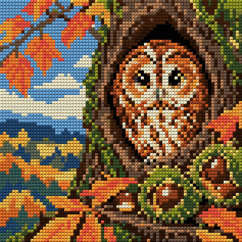 Owl in the Chestnut Hollow, 20x20 cm diamond painting – full design preview without the close-up inset