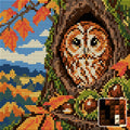 Thumbnail for Owl in the Chestnut Hollow, 20x20 cm diamond painting – finished design preview with a close-up of square drills