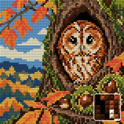 Owl in the Chestnut Hollow, 20x20 cm diamond painting – finished design preview with a close-up of square drills
