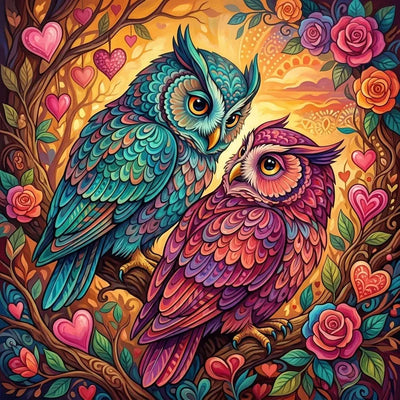 Diamond painting of two colorful owls among roses and hearts.