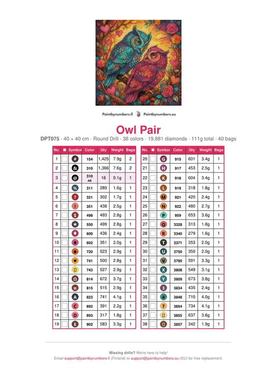 Owl Pair diamond painting color chart – 38 DMC colors