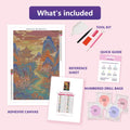 Thumbnail for Pagoda in the Mountains 40x60cm diamond painting kit contents: adhesive canvas, color chart, tools and diamond bags