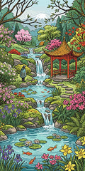 Miniatyrbild: Diamantmönster: en bäck med vattenfall, blommor och en röd paviljong