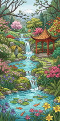 Thumbnail for Diamond Painting Japanese garden, stream, waterfall, pavilion, and colorful flowers.