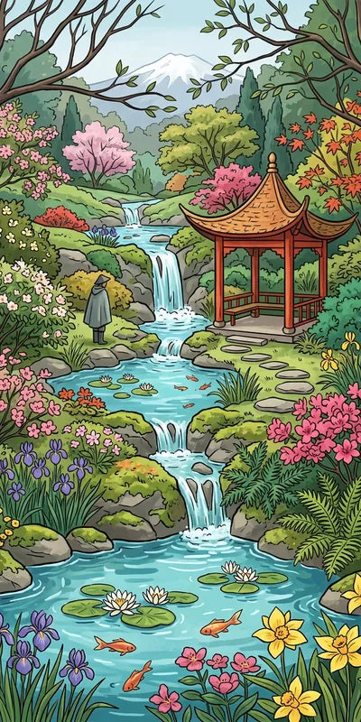 Diamond Painting Japanese garden, stream, waterfall, pavilion, and colorful flowers.