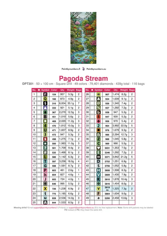 DMC color chart for Pagoda Stream diamond painting - 49 colors