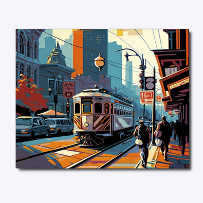 The Heart of the City paint by numbers, tram in a city scene