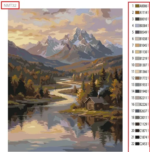 Paint by numbers colour list showing the painting SKU and paint colour codes