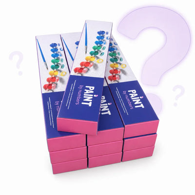 PBN Mystery Box with 10 paint by numbers kits on a white background