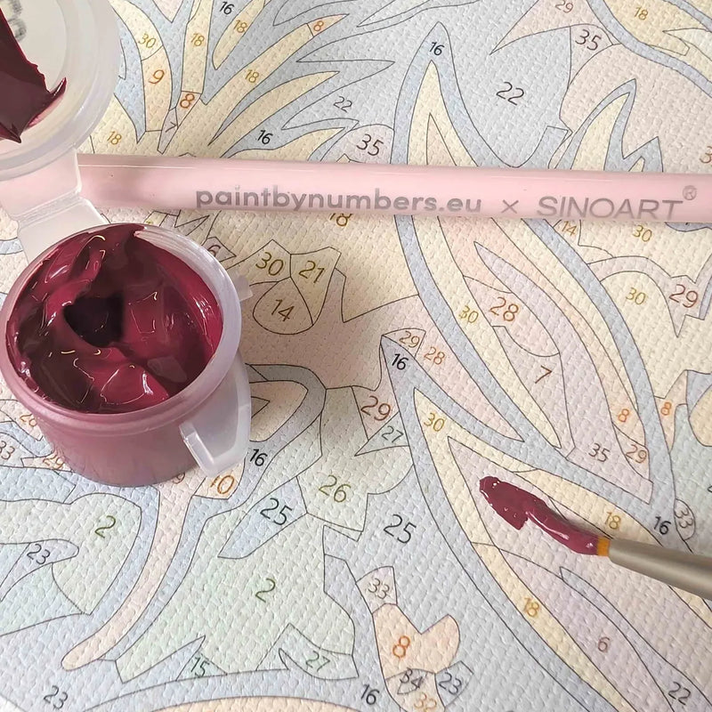 Paint by Numbers × SINOART brush set in use on a paint by numbers canvas