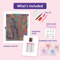 Thumbnail for Paint Splash Elephant 40x50cm diamond painting kit contents: adhesive canvas, color chart, tools and diamond bags