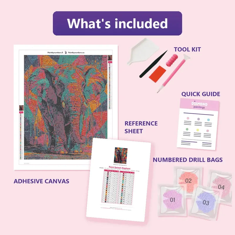 Paint Splash Elephant 40x50cm diamond painting kit contents: adhesive canvas, color chart, tools and diamond bags