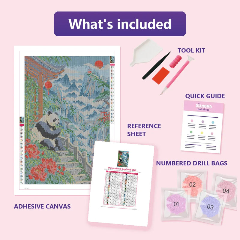 What is included in the Panda above the Cloud Stair diamond painting kit - adhesive canvas, reference sheet, tools and numbered drill bags