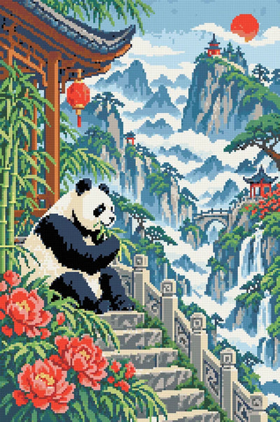 En panda på stentrappor bland bambu och röda blommor med dimmiga berg bakom