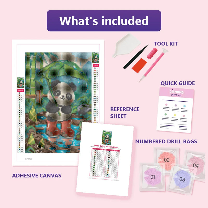 What is included in the Panda Cub in the Rain Boots diamond painting kit - adhesive canvas, reference sheet, tools and numbered drill bags