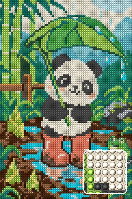 Panda Cub in the Rain Boots, 20x30 cm diamond painting – finished design preview with a close-up of round drills