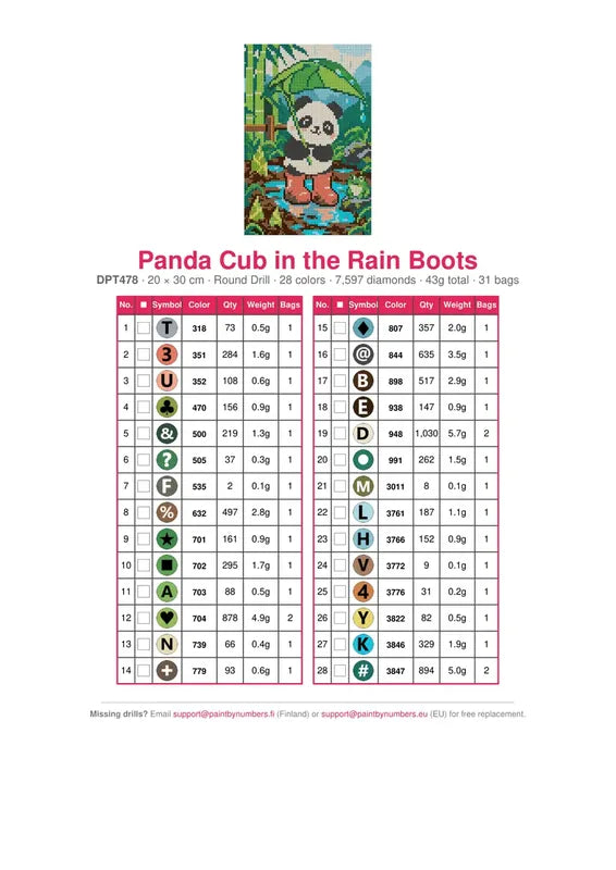 DMC color chart for Panda Cub in the Rain Boots diamond painting - 28 colors