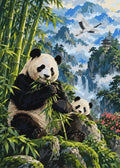 Thumbnail for Two pandas in a bamboo forest with mountain background paint by numbers.