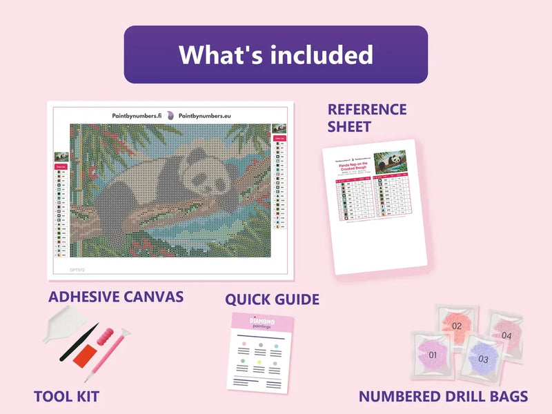 What is included in the Panda Nap on the Crooked Bough diamond painting kit - adhesive canvas, reference sheet, tools and numbered drill bags