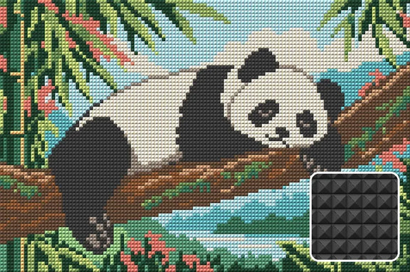 Panda Nap on the Crooked Bough, 30x20 cm diamond painting – finished design preview with a close-up of square drills