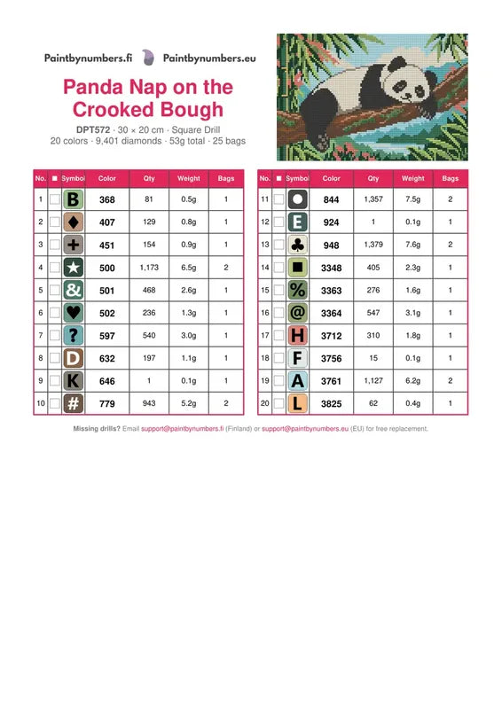 DMC color chart for Panda Nap on the Crooked Bough diamond painting - 20 colors