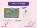 Thumbnail for What is included in the Panda Trail through the Bamboo Valley diamond painting kit - adhesive canvas, reference sheet, tools and numbered drill bags