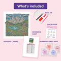 Thumbnail for Papercut Dolomites 50x50cm diamond painting kit contents: adhesive canvas, color chart, tools, and diamond bags