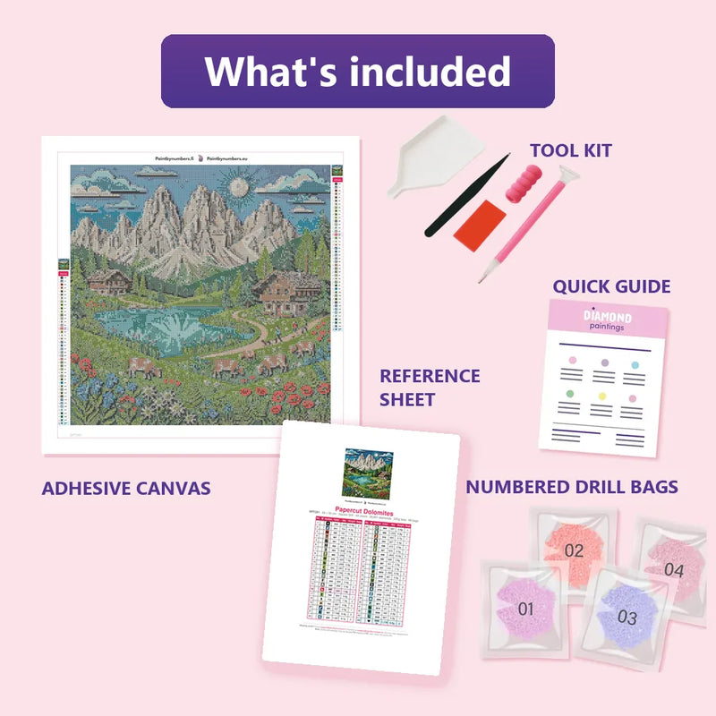 Papercut Dolomites 50x50cm diamond painting kit contents: adhesive canvas, color chart, tools, and diamond bags