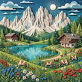 Thumbnail for Diamond painting of an alpine landscape with mountains, a lake, alpine cabins, cows, and flowers.