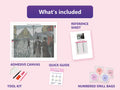 Thumbnail for What is included in the Paris Street Rainy Day diamond painting kit - adhesive canvas, reference sheet, tools and numbered drill bags