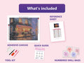 Thumbnail for Parisian Café at Night 50x40cm diamond painting kit contents: adhesive canvas, color chart, tools and diamond bags