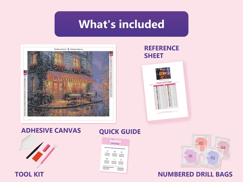 Parisian Café at Night 50x40cm diamond painting kit contents: adhesive canvas, color chart, tools and diamond bags