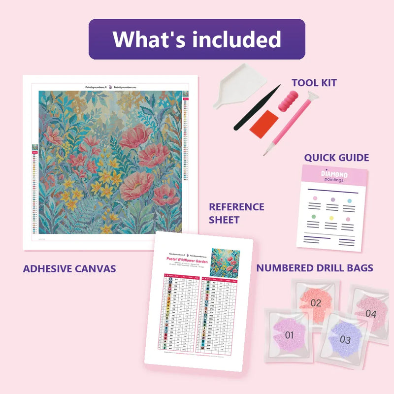 What is included in the Pastel Wildflower Garden diamond painting kit - adhesive canvas, reference sheet, tools and numbered drill bags