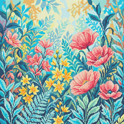 Diamond painting-motiv med stora rosa och små gula blommor bland gröna blad