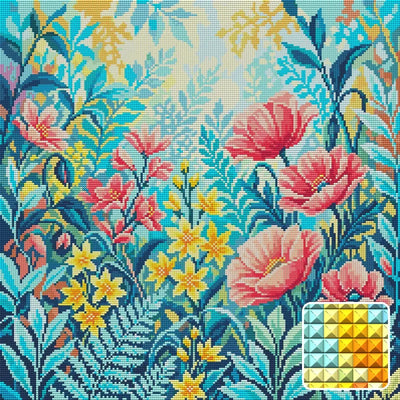 Pastel Wildflower Garden, 50x50 cm diamond painting – finished design preview with a close-up of square drills