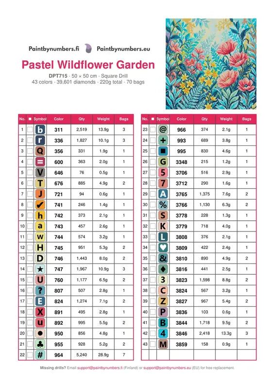 DMC color chart for Pastel Wildflower Garden diamond painting - 43 colors