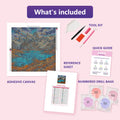 Thumbnail for Contents of the Patagonian Peaks 60x60cm diamond painting kit: adhesive canvas, color chart, tools, and diamond bags
