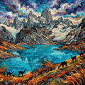 Thumbnail for Diamond painting of a mountain landscape, a blue lake, and llamas under a colorful sky.