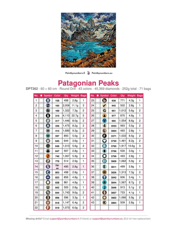 Patagonian Peaks diamond painting color chart – 43 DMC colors