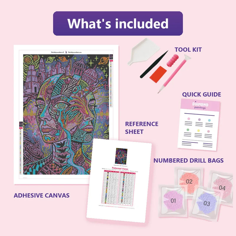 What is included in the Patterned Vision diamond painting kit - adhesive canvas, reference sheet, tools and numbered drill bags