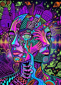 Thumbnail for Diamond Painting of two surreal faces in a neon-colored cosmic and city landscape.
