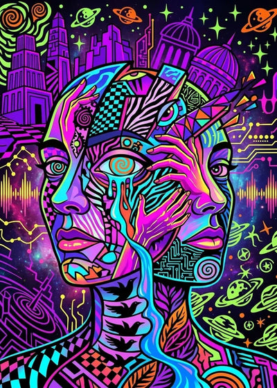 Diamond Painting of two surreal faces in a neon-colored cosmic and city landscape.